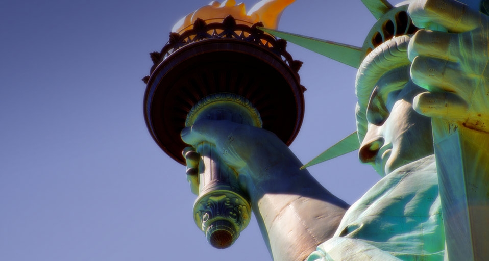 Detail of the Statue of Liberty showing the torch, flame, face, crown, robe and hand holding the tablet -- Harald Sund/Getty Images &copy; (Bing United States)