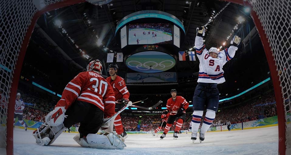 Team USA celebrates after Brian Rafalski  scores past goalkeeper Martin Brodeur of Canada during their Men’s Ice Hockey preliminary game at the Vancouver 2010 Winter Olympics on 21 February 2010 - Bruce Bennett/Getty Images &copy; (Bing United Kingdom)