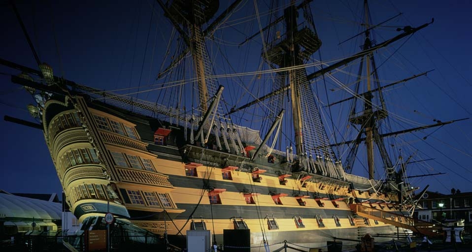 HMS Victory at night, Portsmouth Harbour, England, c2000. © Graham Thornton/Impact/agefotostock &copy; (Bing United Kingdom)