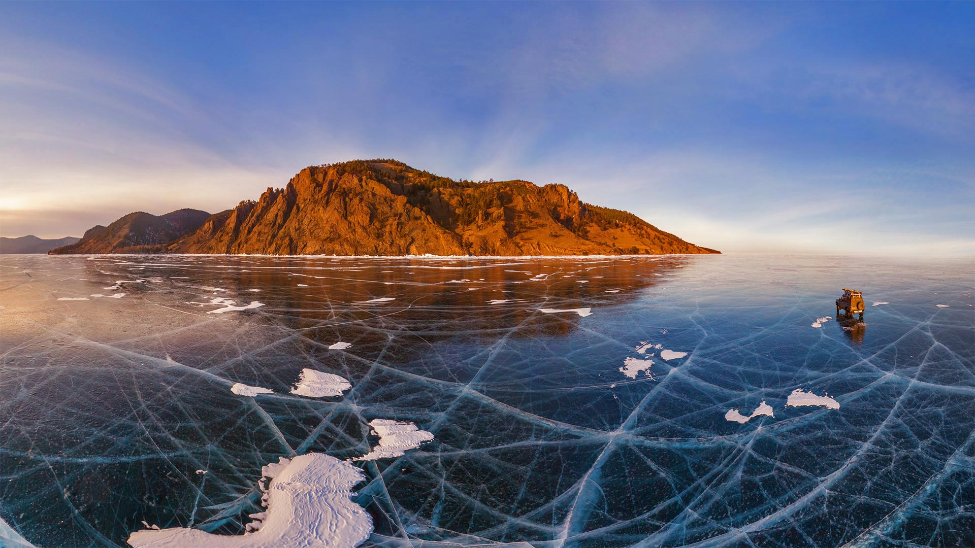 Aerial view of car crossing over the frozen surface of Lake Baikal, Russia (© Amazing Aerial Agency/Offset)(Bing United Kingdom)